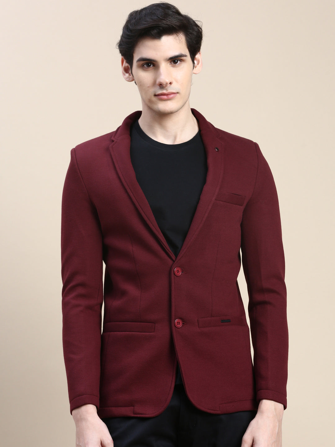Men's Red Notched Lapel Collar Slim-Fit Single Cotton Breasted Blazer