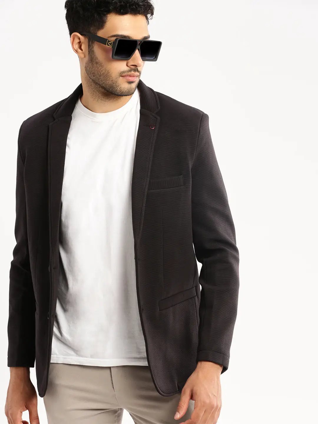Men's Charcoal Notched Lapel Collar Single-Breasted Slim-Fit Corduroy Blazer
