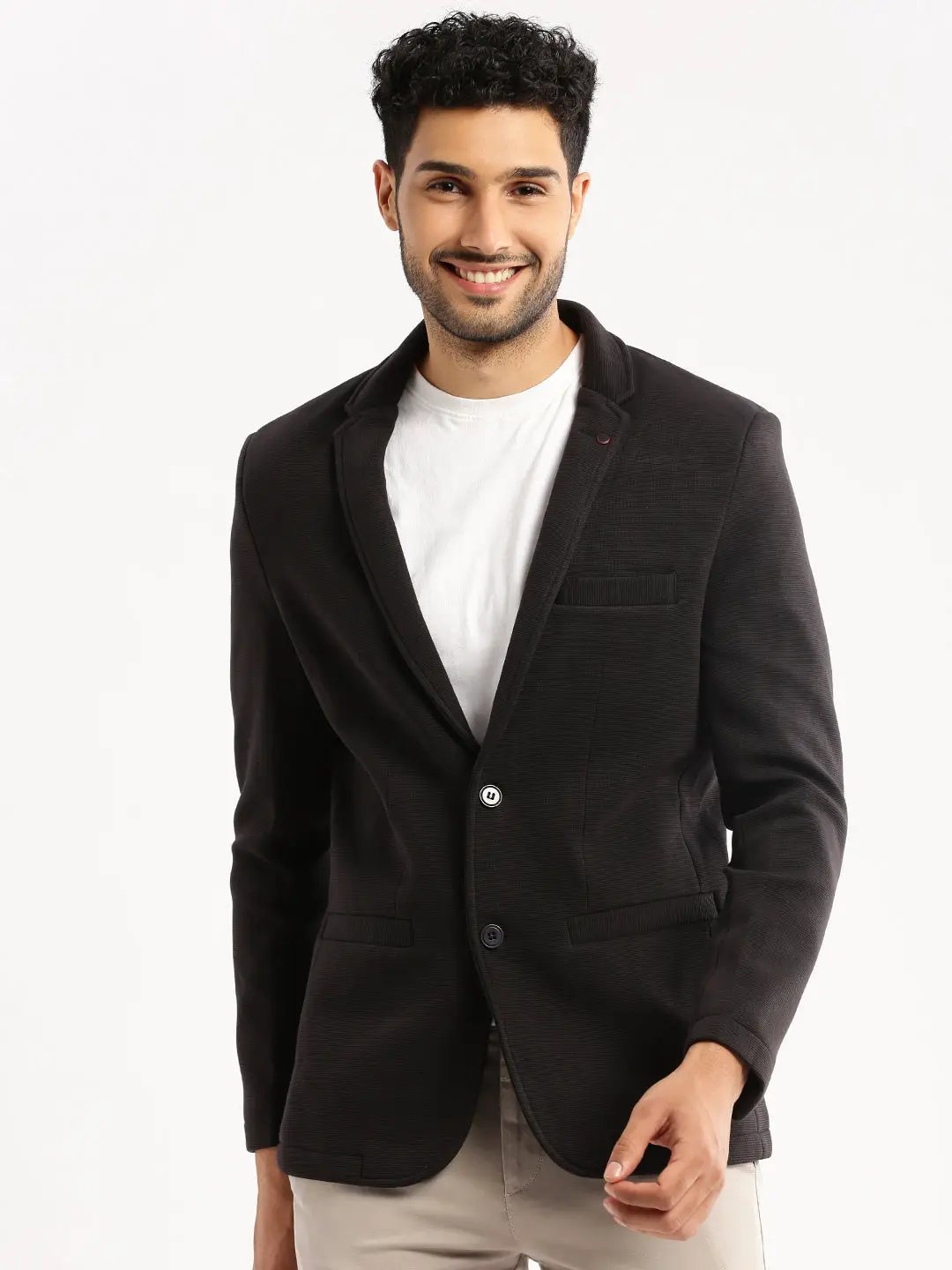 Men's Charcoal Notched Lapel Collar Single-Breasted Slim-Fit Corduroy Blazer