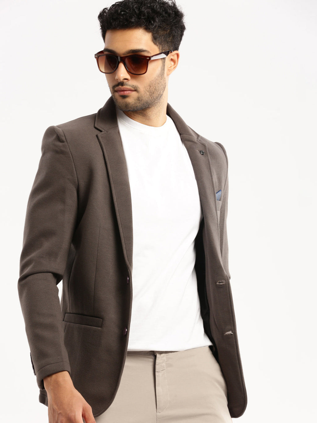 Men's Grey Single-Breasted Corduroy Slim-Fit Blazer