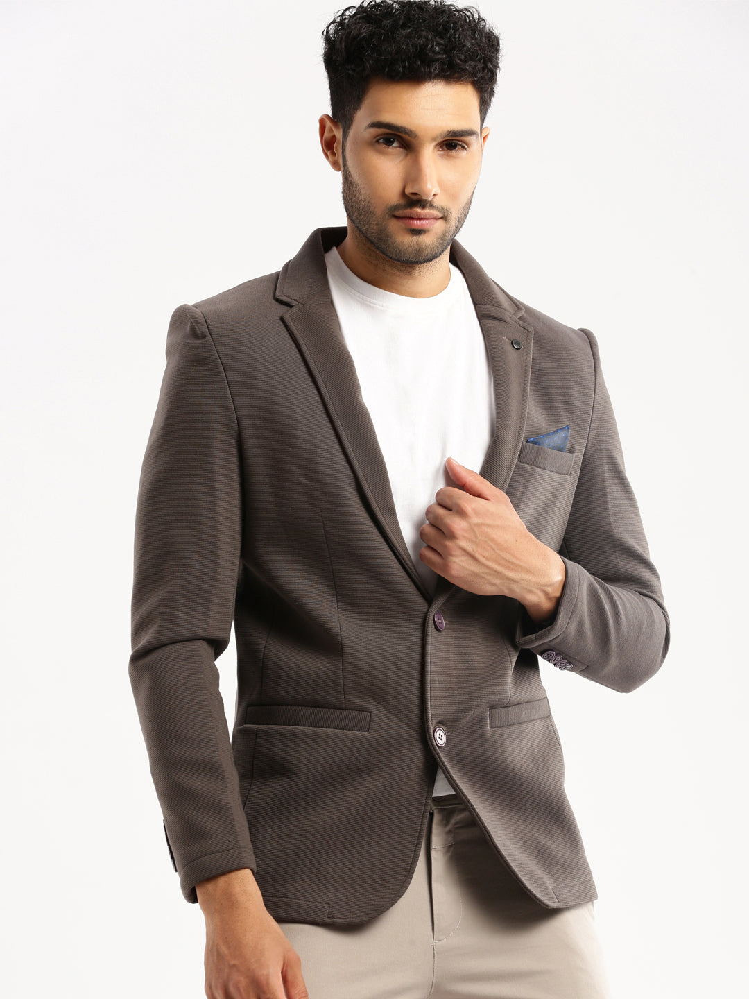 Men's Grey Single-Breasted Corduroy Slim-Fit Blazer