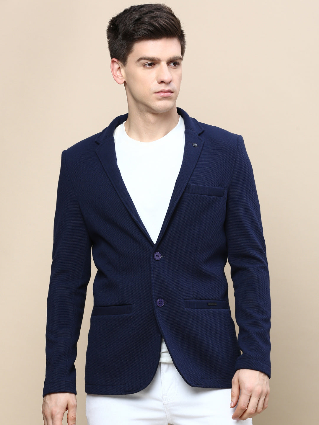 Men's Navy Blue Notched Lapel Slim-Fit Single-Breasted Blazer