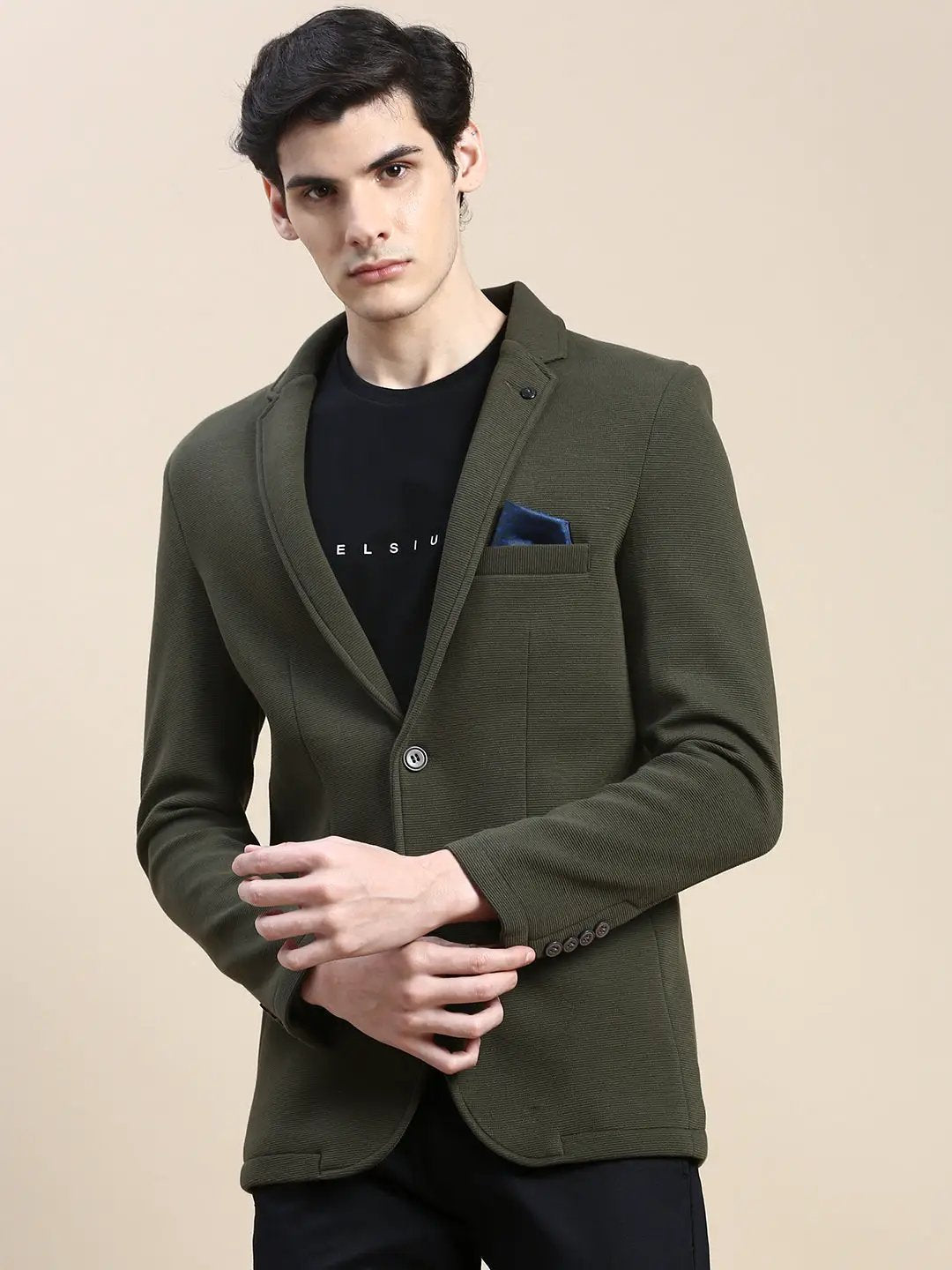 Men's Olive Textured Single-Breasted Slim-Fit Blazer