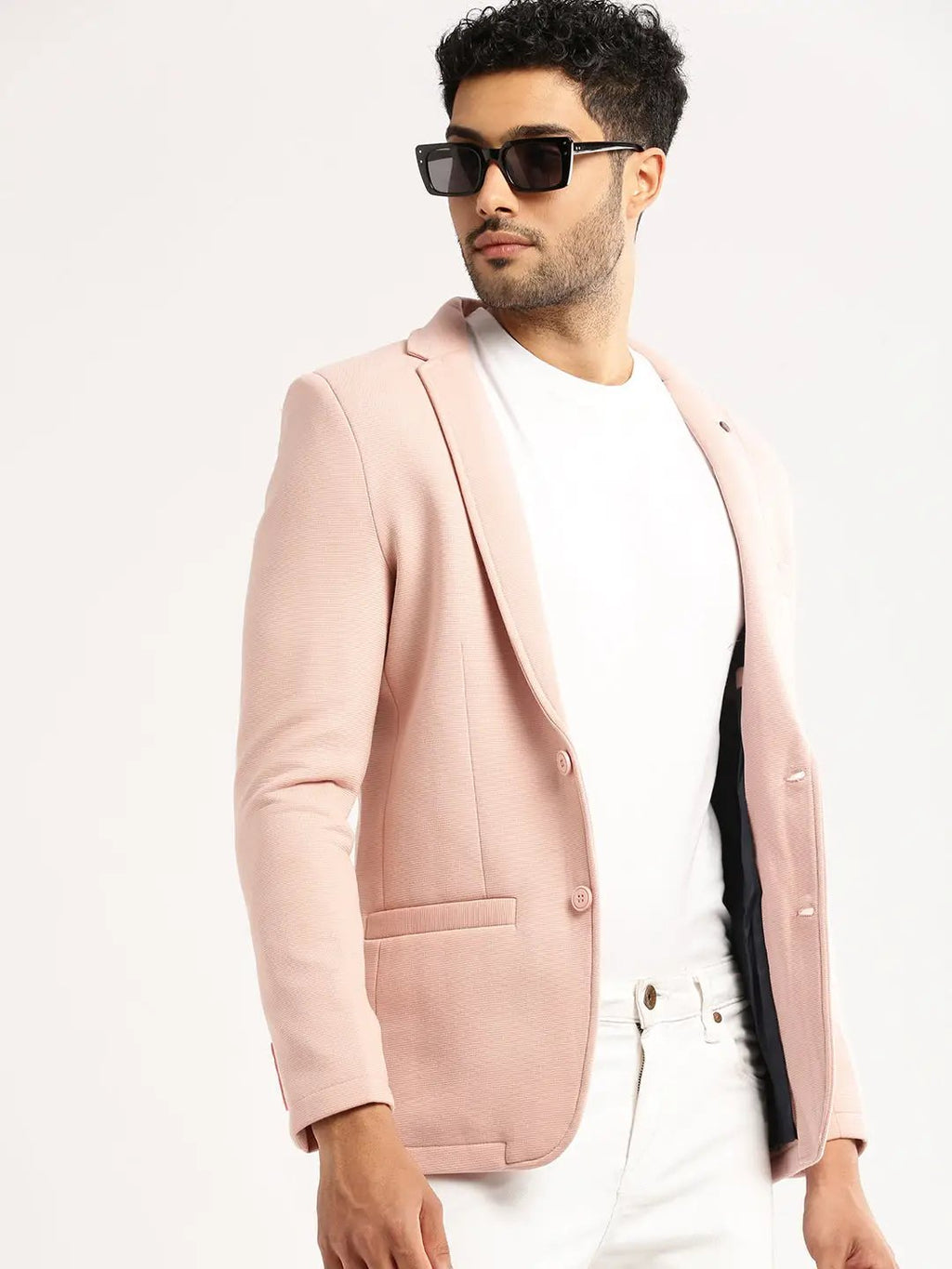 Men's Peach Notched Lapel Collar Single-Breasted Corduroy Slim-Fit Blazer