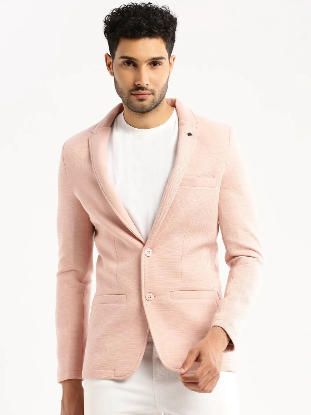 Men's Peach Notched Lapel Collar Single-Breasted Corduroy Slim-Fit Blazer