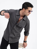 Men's Grey Standard Spread Collar Textured Cotton Casual Shirt