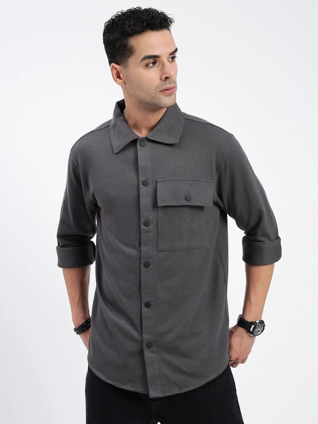 Men's Grey Standard Spread Collar Textured Cotton Casual Shirt