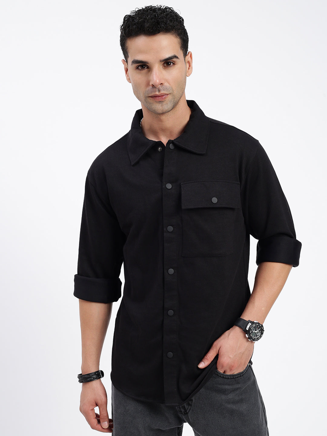 Men's Black Standard Slim Fit Opaque Casual Solid Shirt