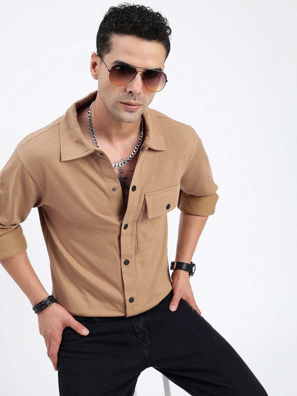 Men's Brown Standard Spread Collar Textured Cotton Casual Shirt