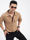 Men's Brown Standard Spread Collar Textured Cotton Casual Shirt