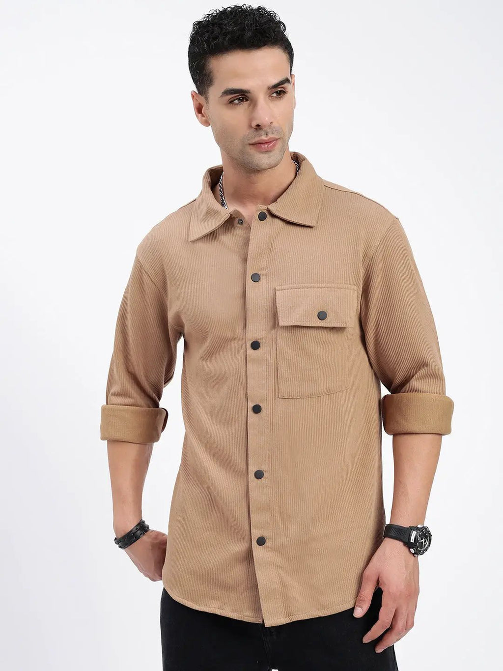 Men's Brown Standard Spread Collar Textured Cotton Casual Shirt