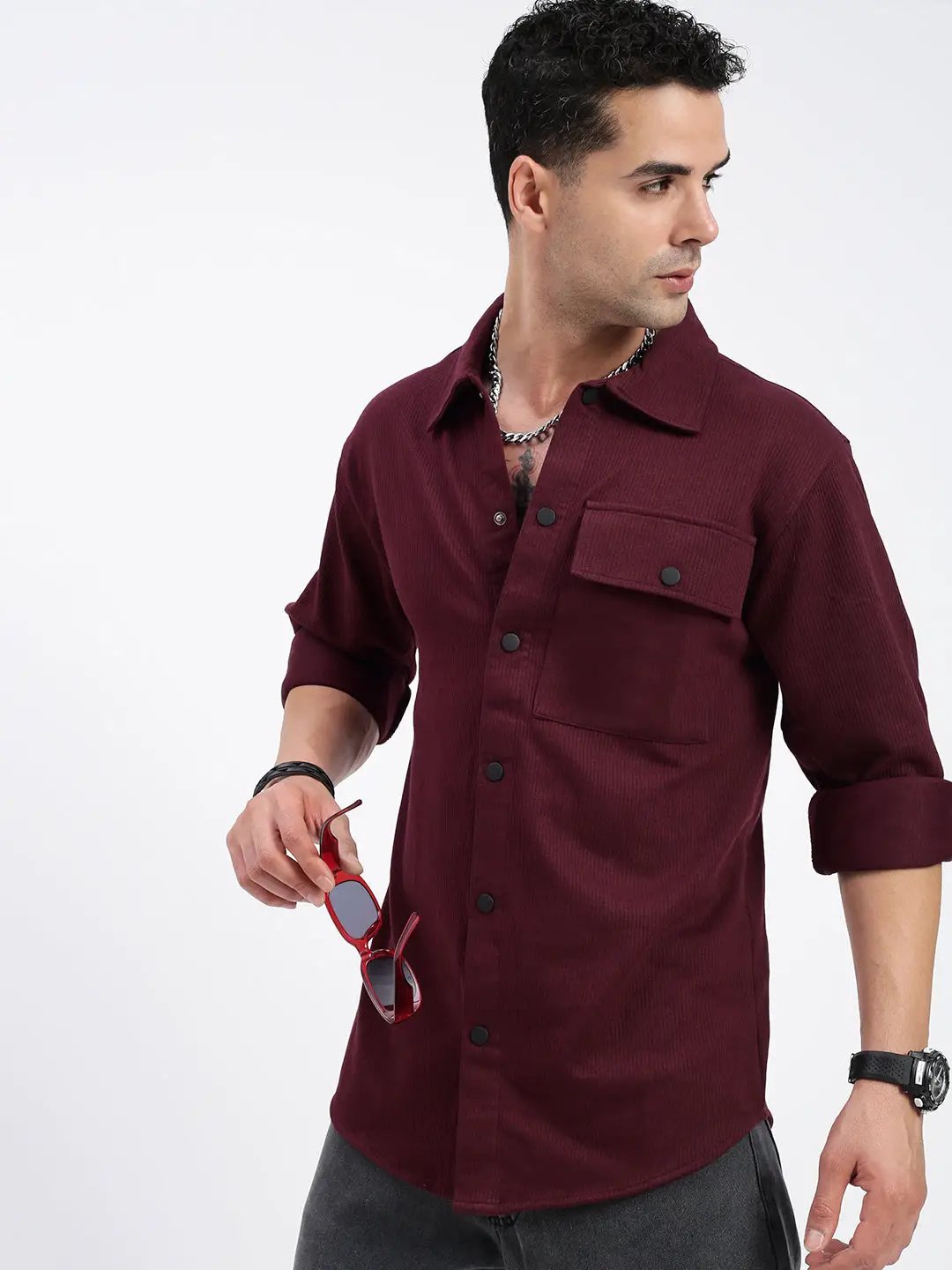 Men's Burgundy Standard Spread Collar Textured Cotton Casual Shirt