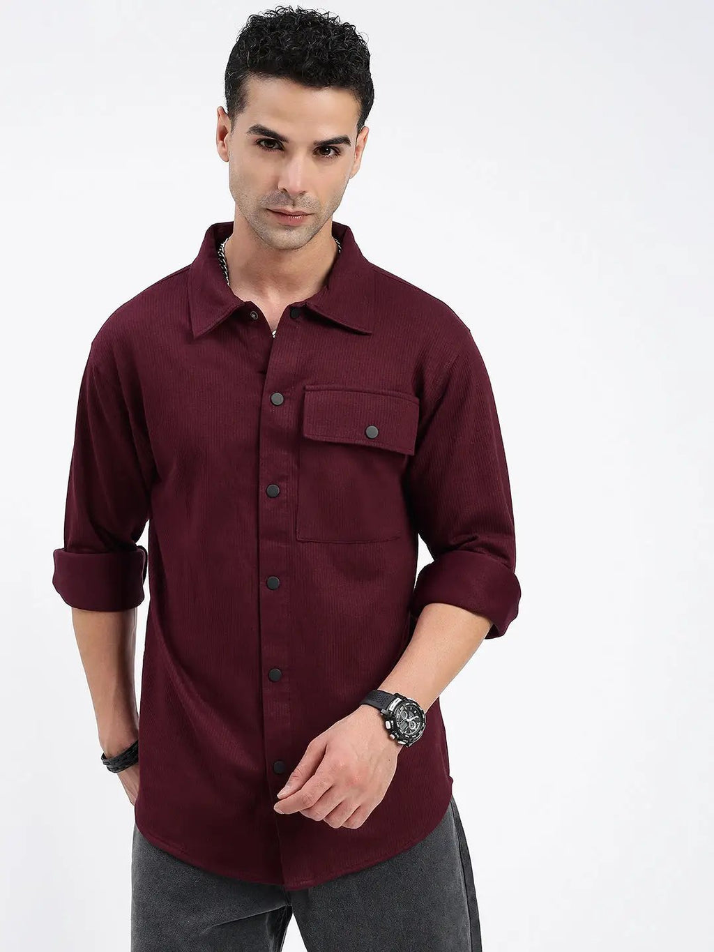 Men's Burgundy Standard Spread Collar Textured Cotton Casual Shirt