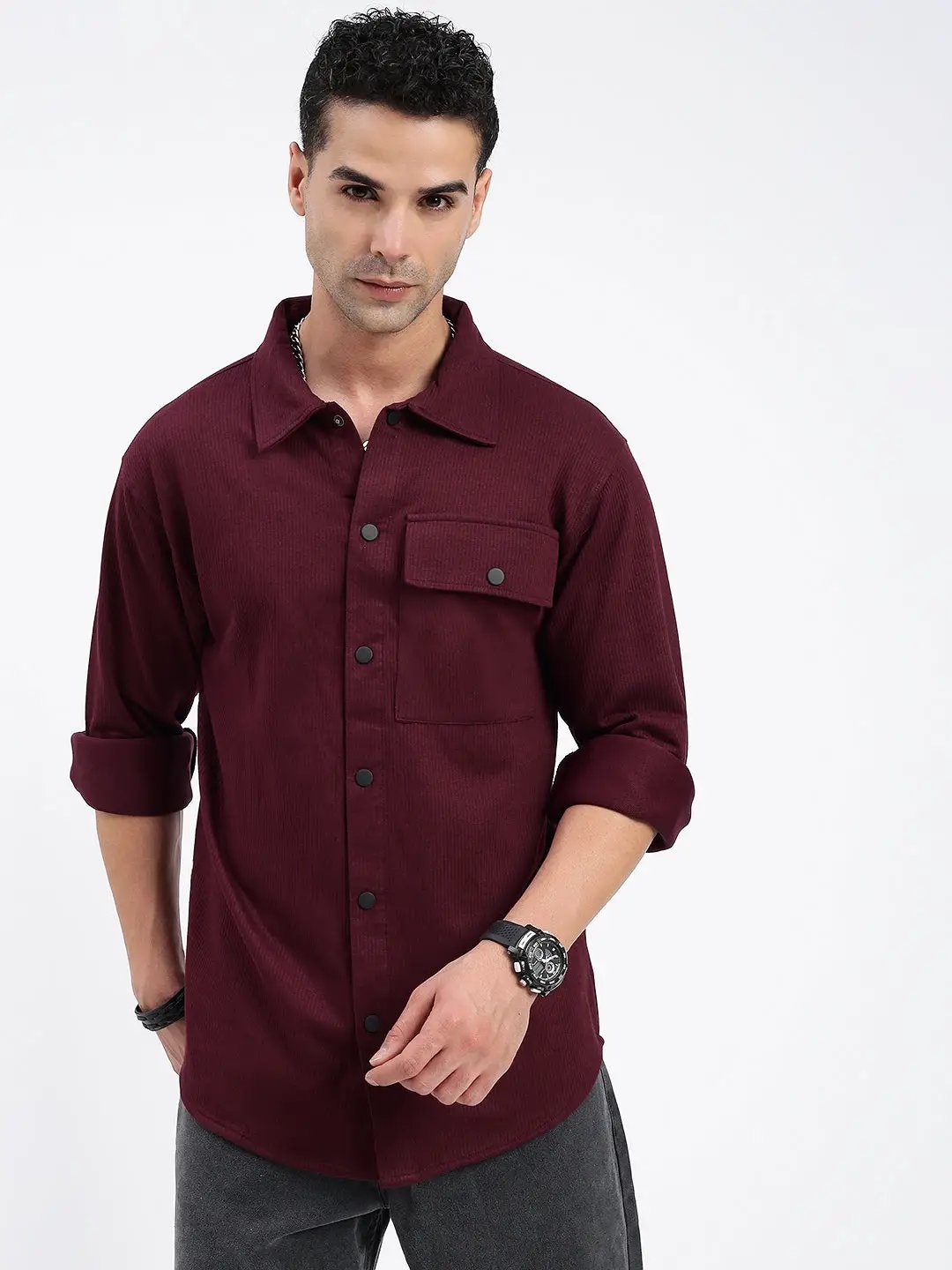 Men's Burgundy Standard Spread Collar Textured Cotton Casual Shirt