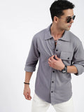 Men's Grey Standard Spread Collar Textured Cotton Casual Shirt