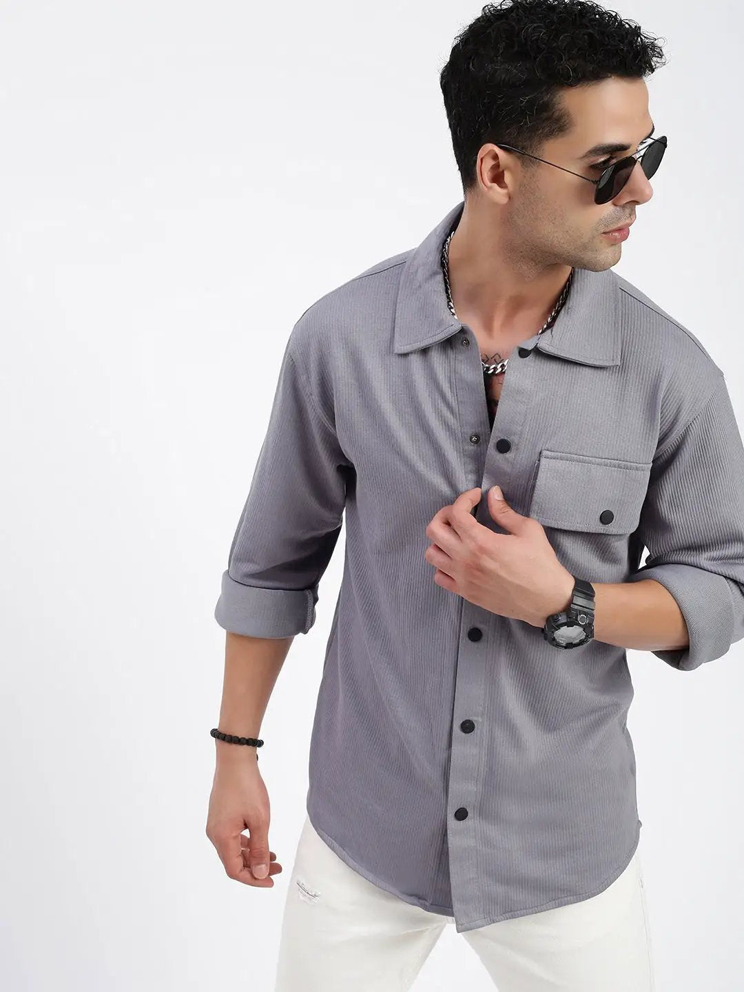 Men's Grey Standard Spread Collar Textured Cotton Casual Shirt
