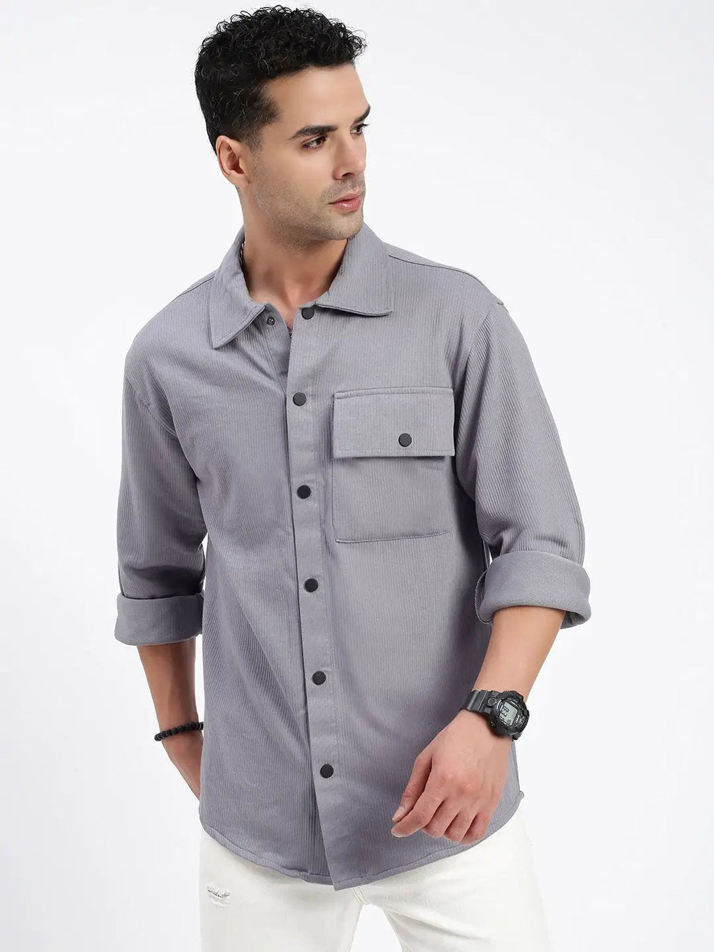 Men's Grey Standard Spread Collar Textured Cotton Casual Shirt
