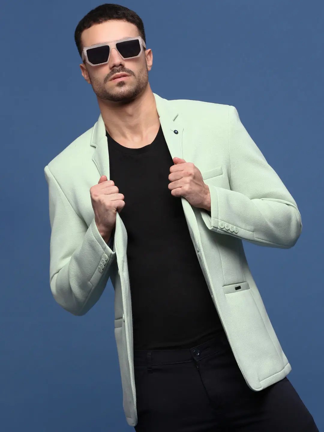Men's Sea Green Notched Lapel Collar Cotton Slim Fit Single-Breasted Blazer
