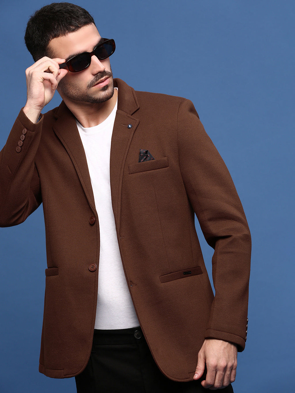 Men's Brown Slim Fit Single Breasted Notched Lapel Cotton Blazer