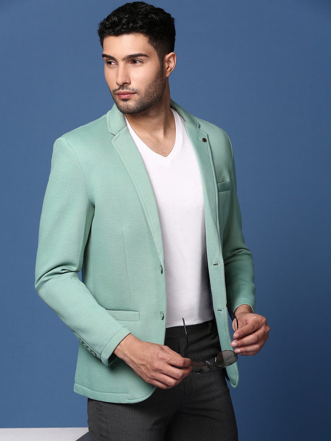 Men's Sea Green Notched Lapel Collar Cotton Slim-Fit Single-Breasted Blazer