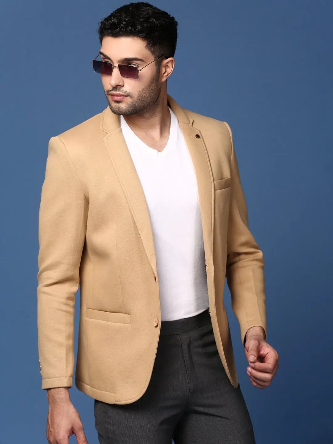 Men's Khaki Notched Lapel Slim Fit Single Breasted Blazer