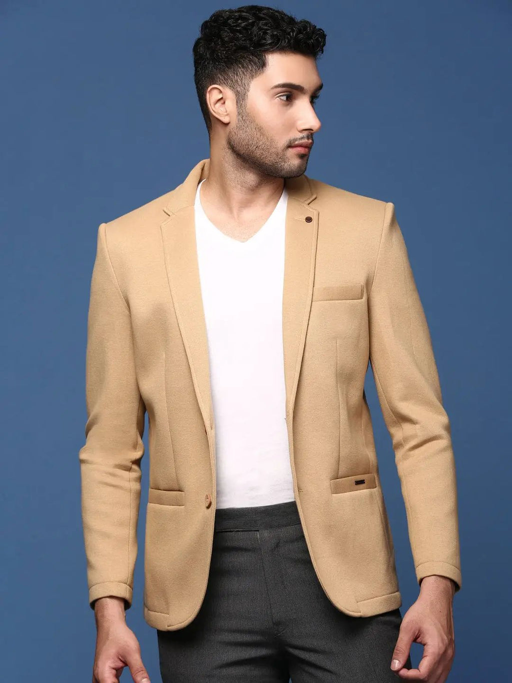 Men's Khaki Notched Lapel Slim Fit Single Breasted Blazer