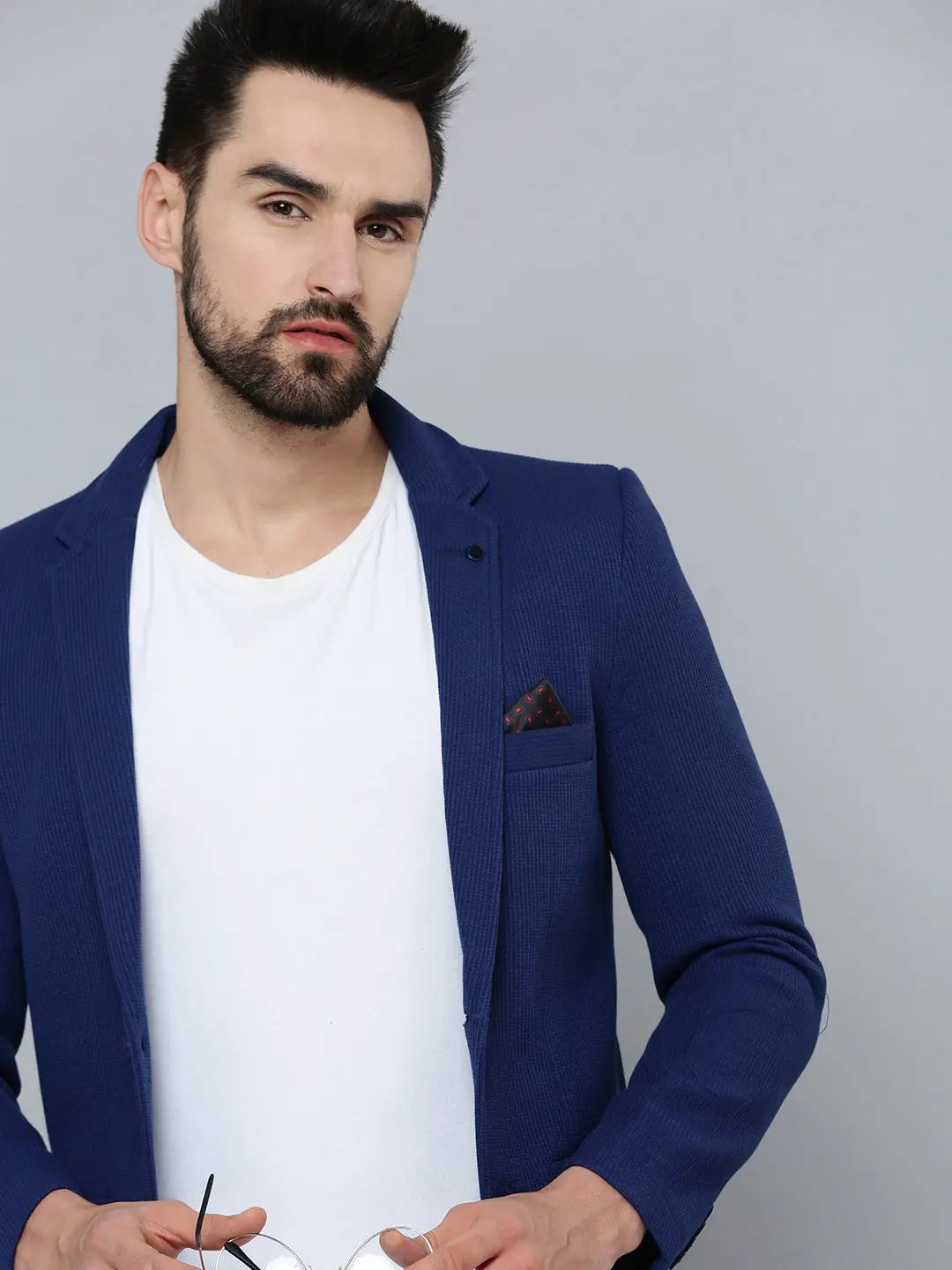 Men's Blue Self Design Single-Breasted Slim-Fit Blazer