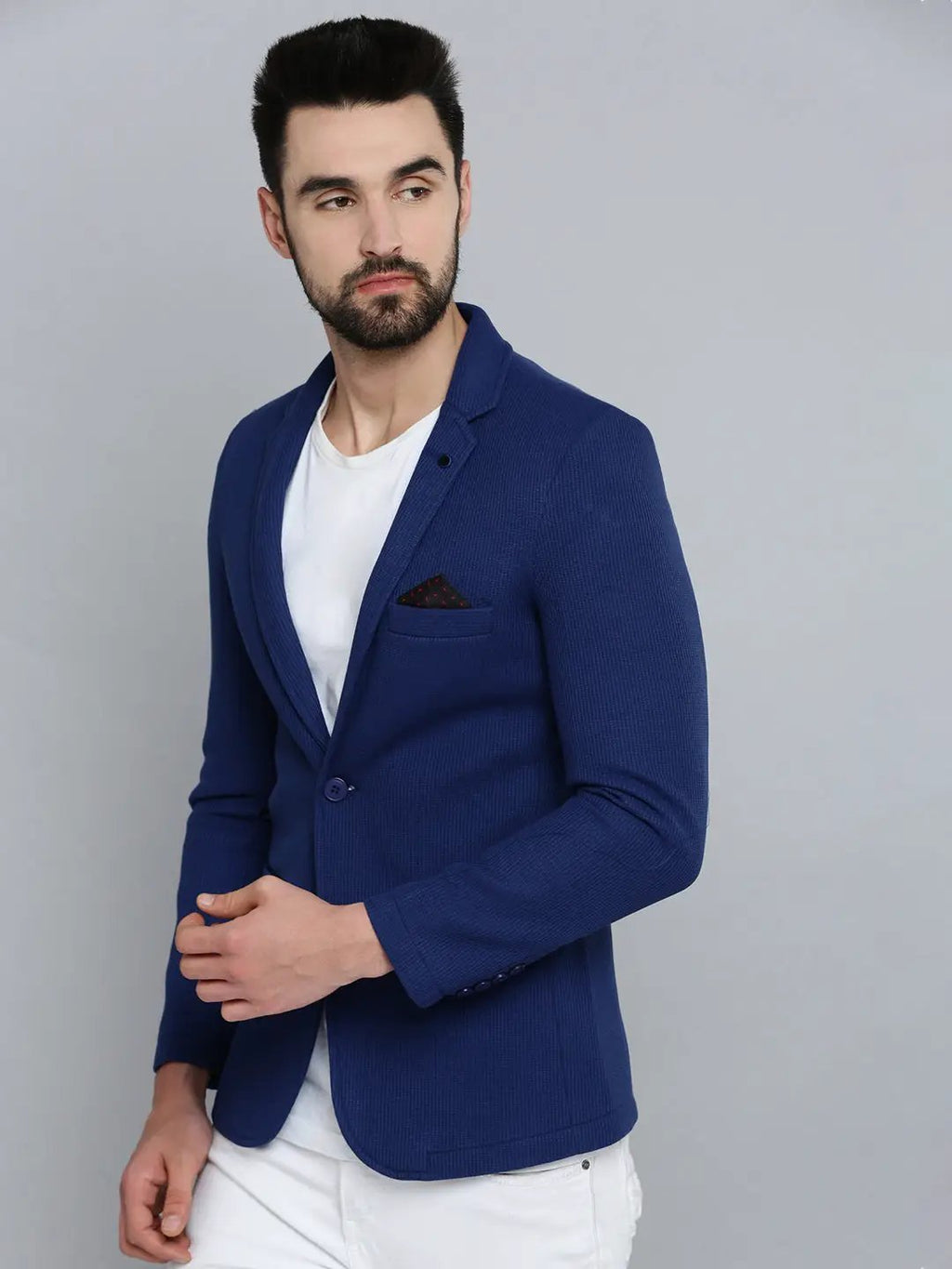 Men's Blue Self Design Single-Breasted Slim-Fit Blazer