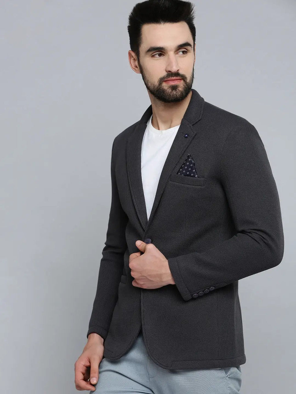 Men's Grey Melange Self-Design Single-Breasted Blazer
