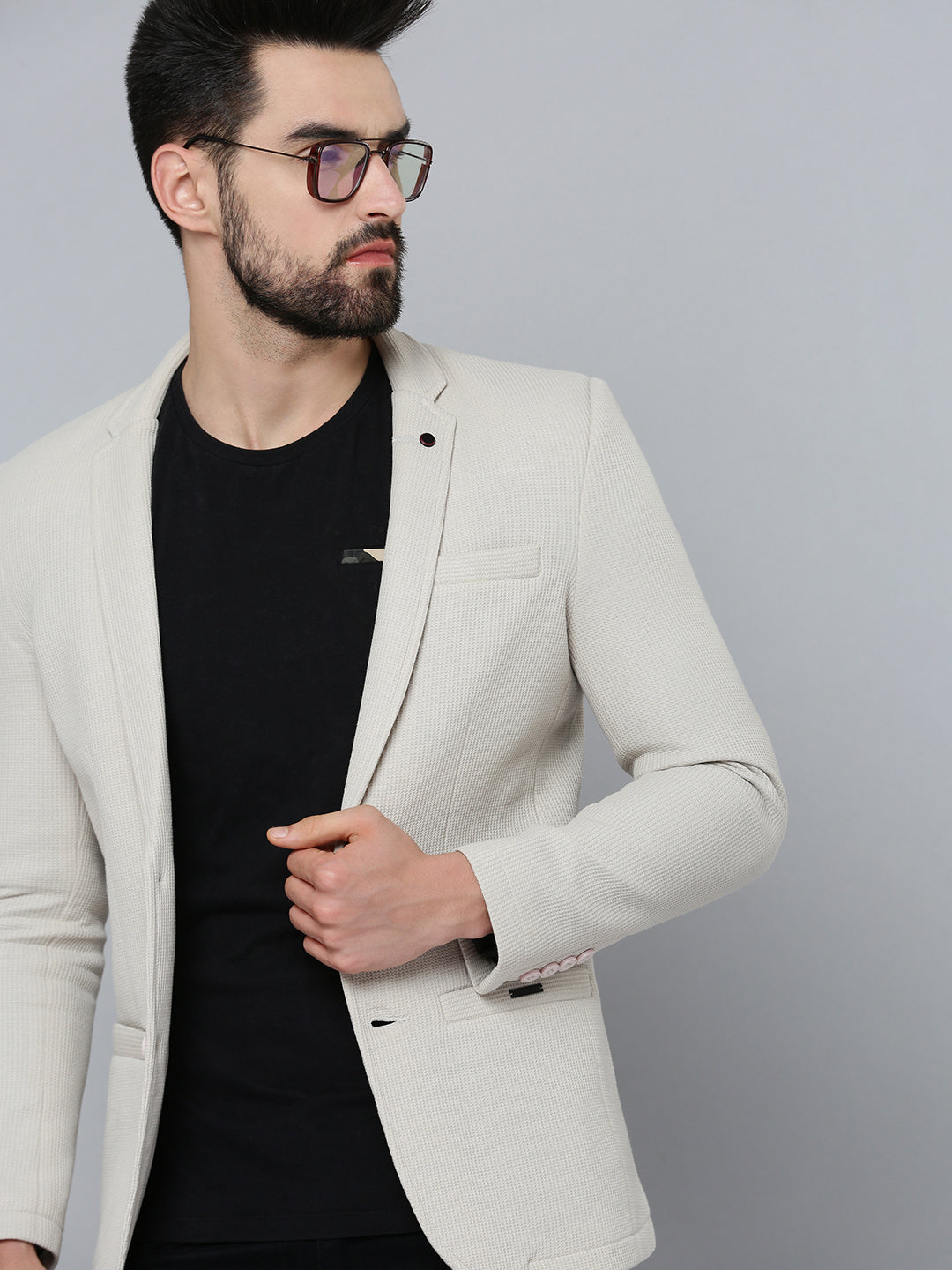 Men's Grey Self Design Single-Breasted Blazer