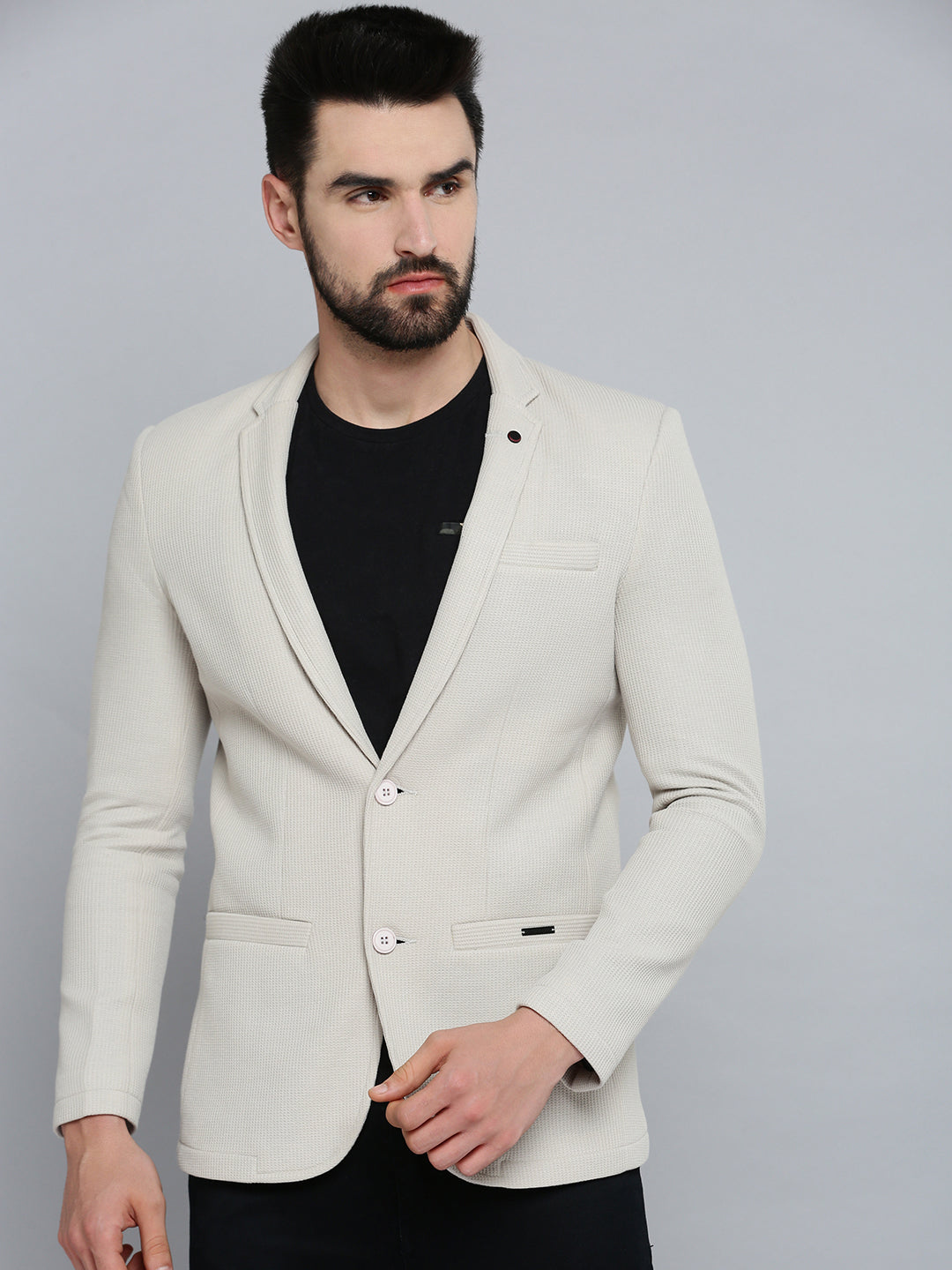 Men's Grey Self Design Single-Breasted Blazer