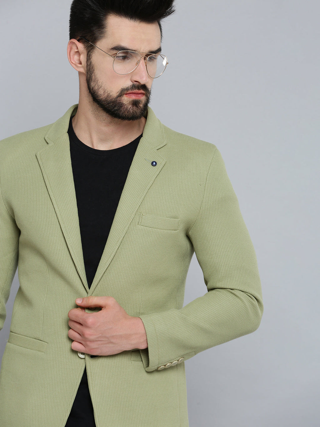 Men's Olive Self Design Single-Breasted Regular-Fit Blazer