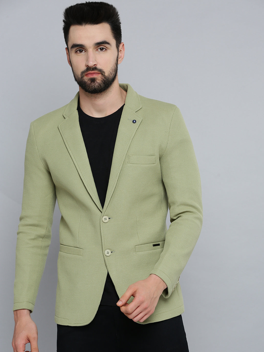 Men's Olive Self Design Single-Breasted Regular-Fit Blazer