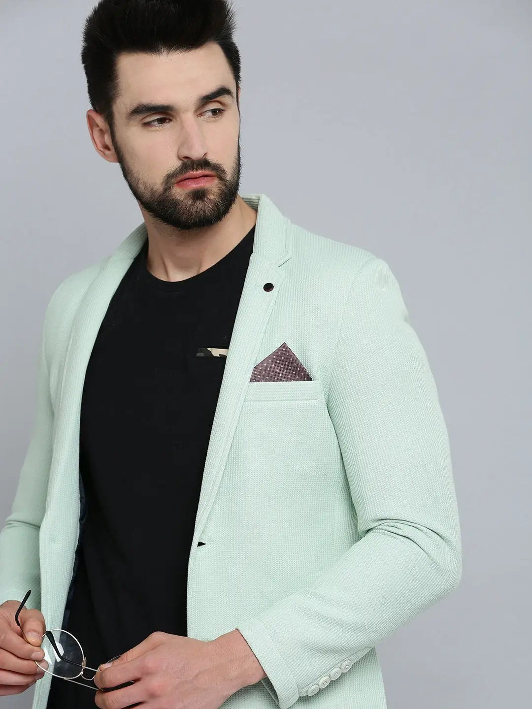 Men's Sea Green Self Design Single-Breasted Casual Blazers