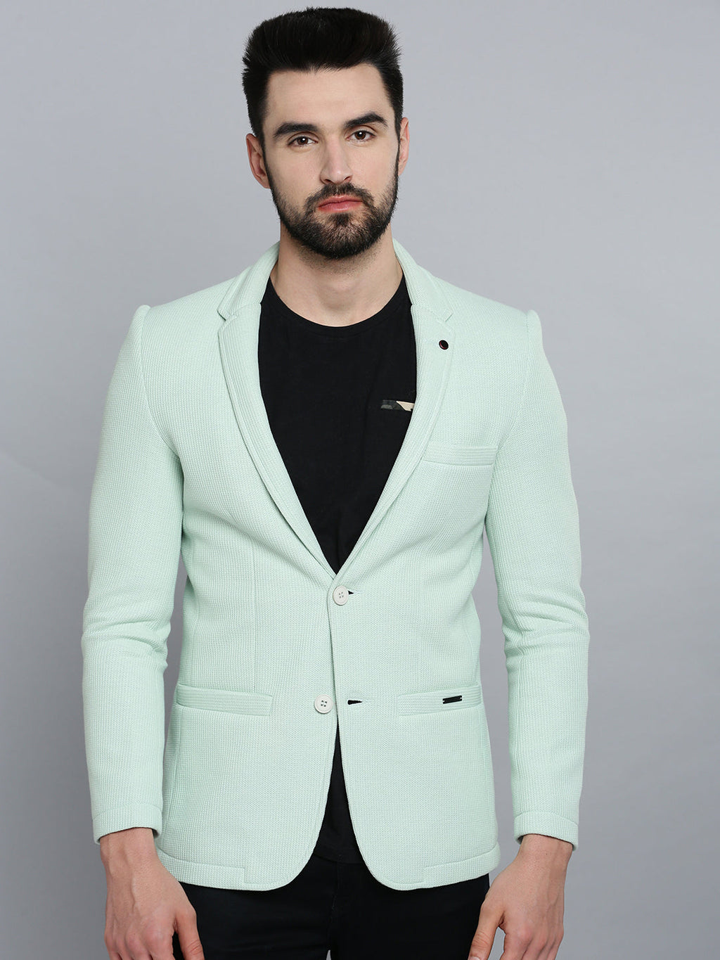 Men's Sea Green Self Design Single-Breasted Casual Blazers