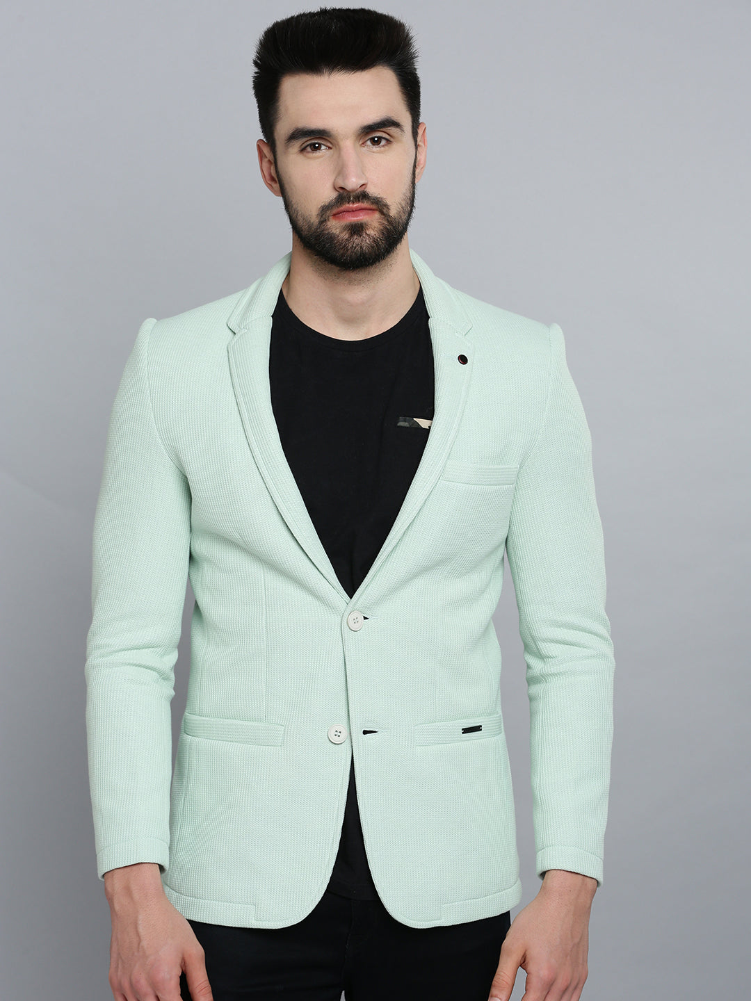 Men's Sea Green Self Design Single-Breasted Casual Blazers
