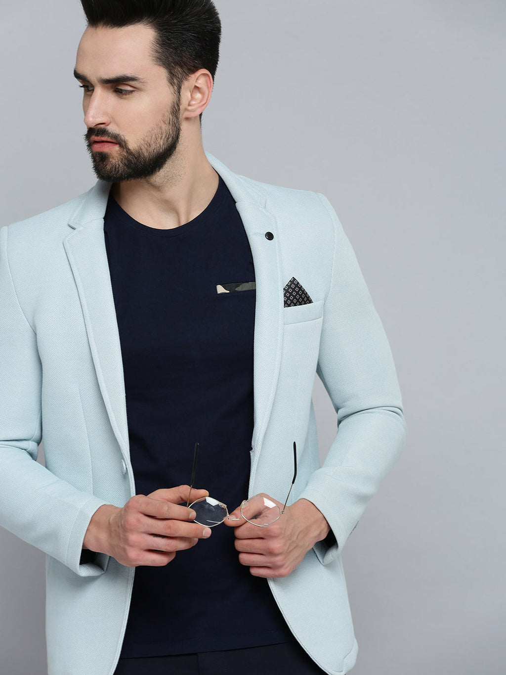 Men's Blue Self Design Single-Breasted Slim-Fit Blazer