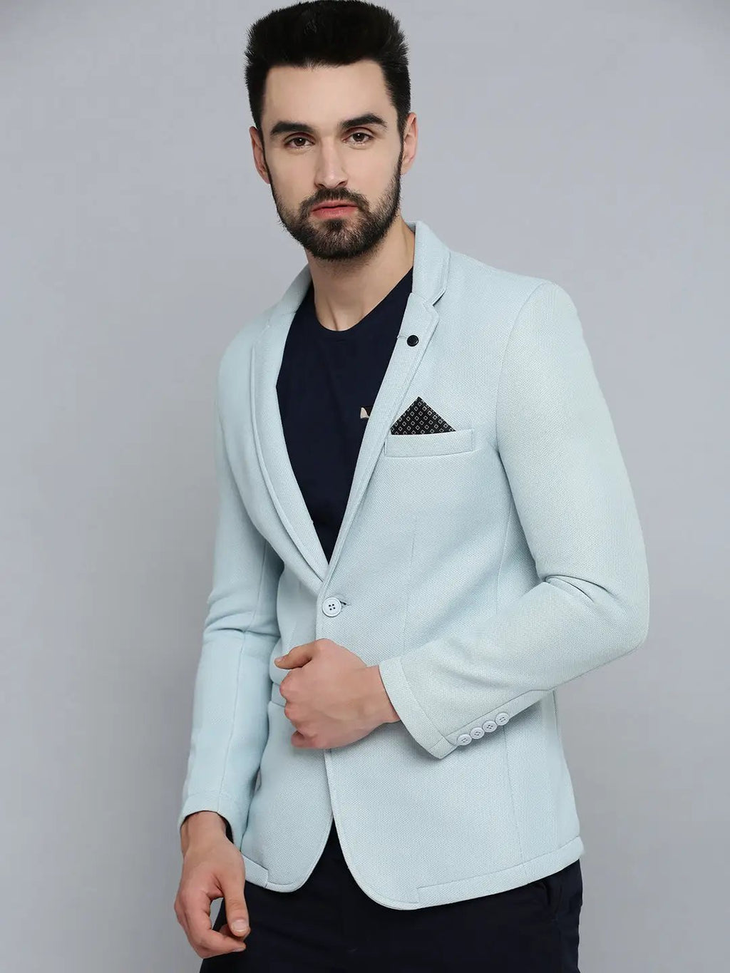 Men's Blue Self Design Single-Breasted Slim-Fit Blazer