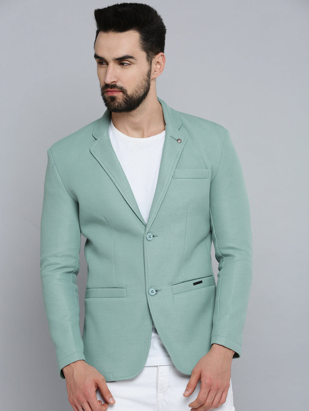 Men's Green Self-Design Single Breasted Blazer