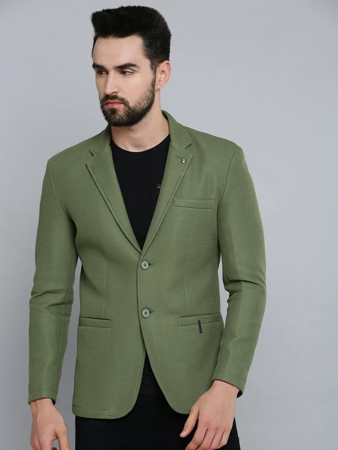Men's Olive Self Design Single-Breasted Blazers