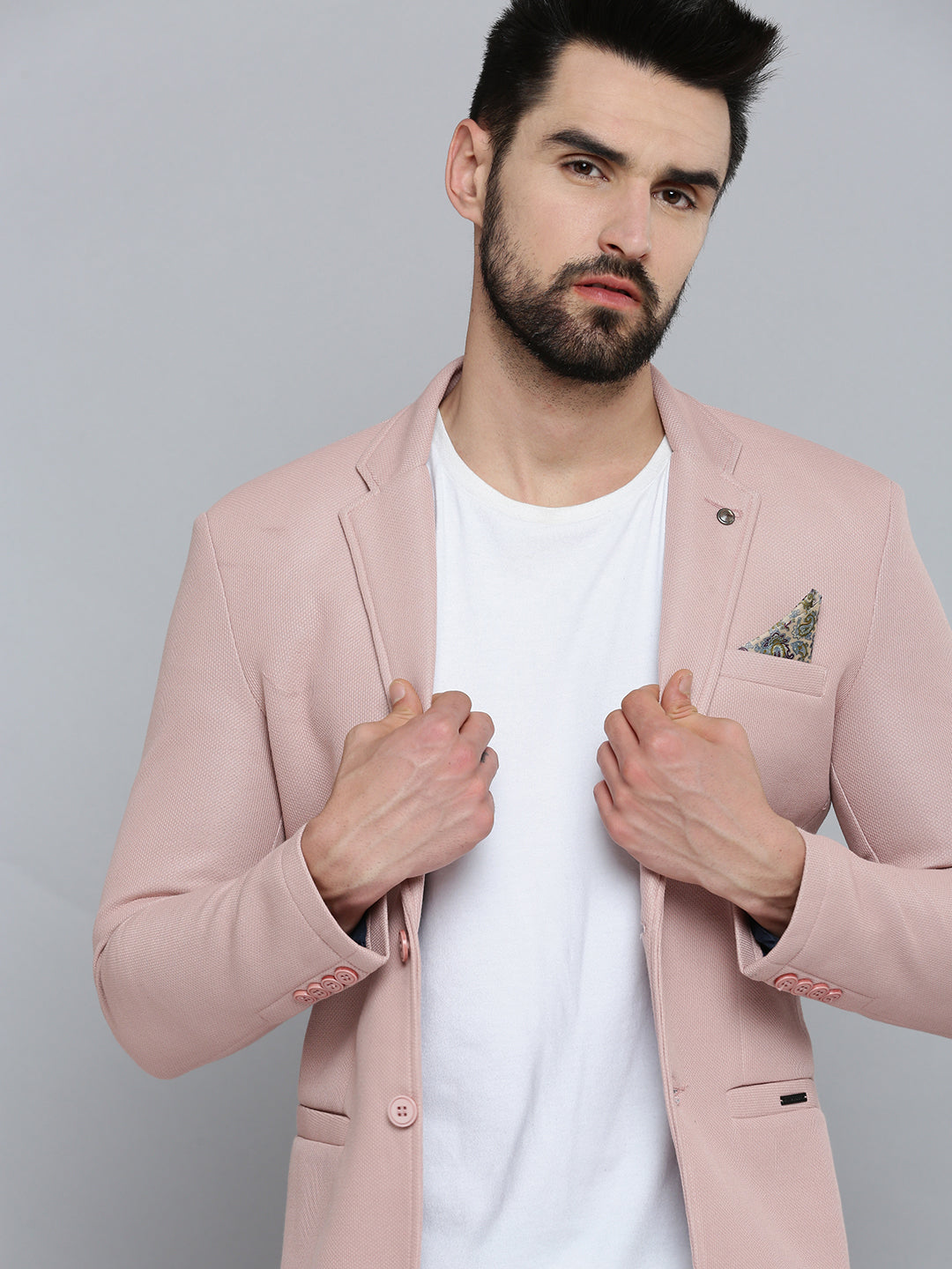 Men's Pink Solid Single-Breasted Blazers
