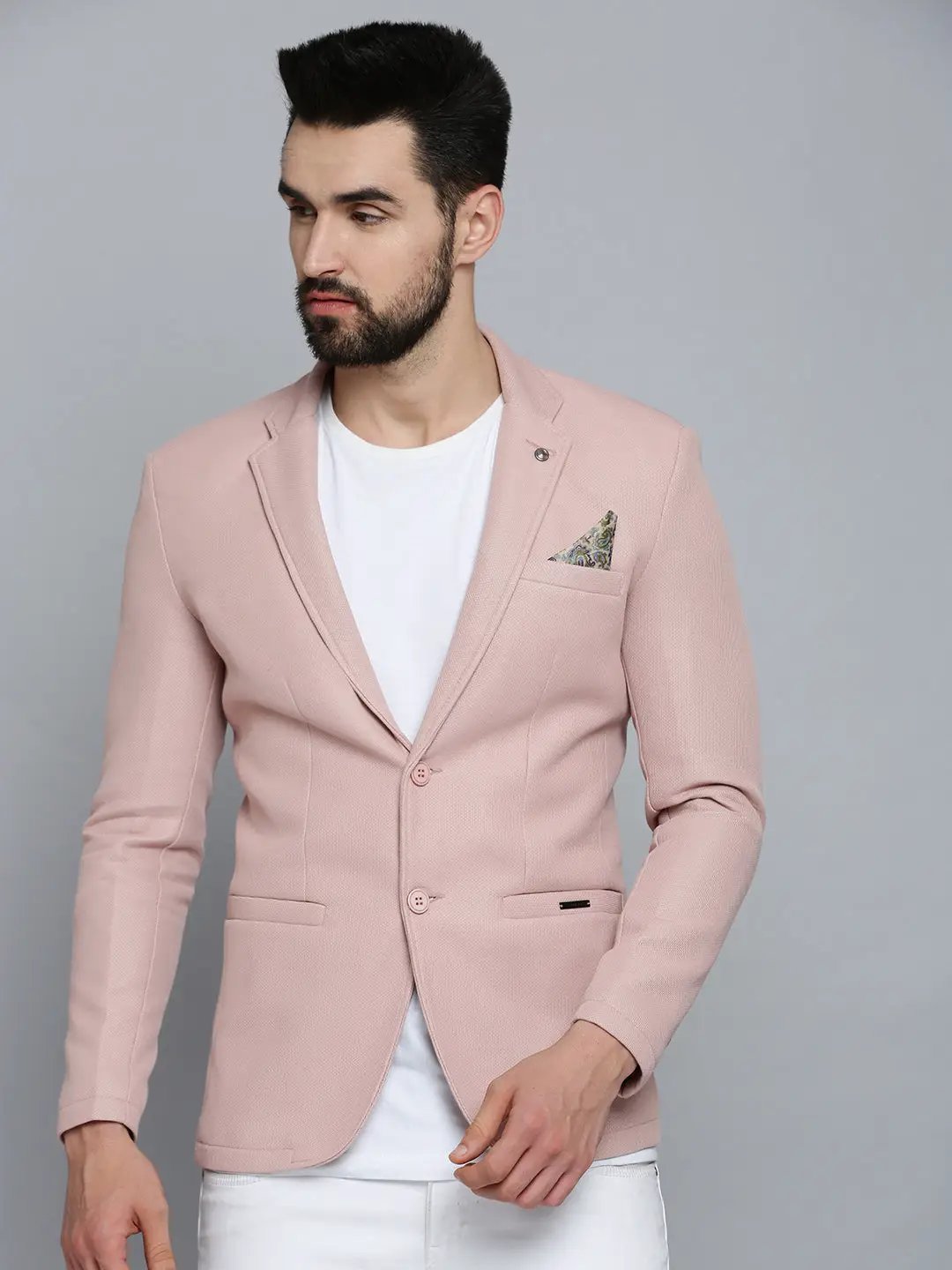 Men's Pink Solid Single-Breasted Blazers