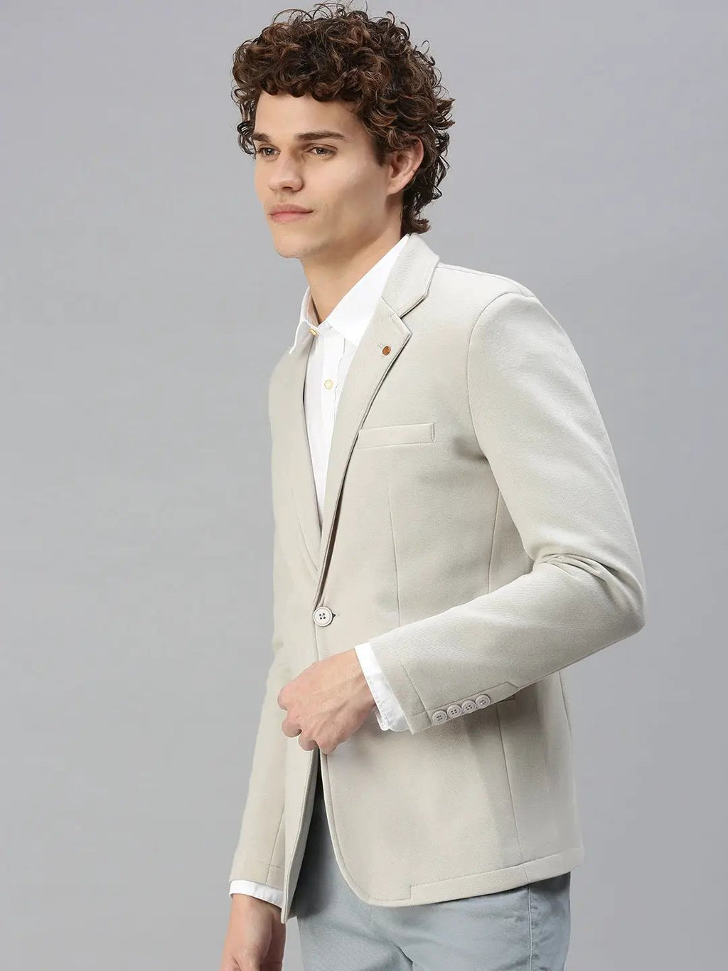 Men's Grey Solid Single-Breasted Slim-Fit Blazer