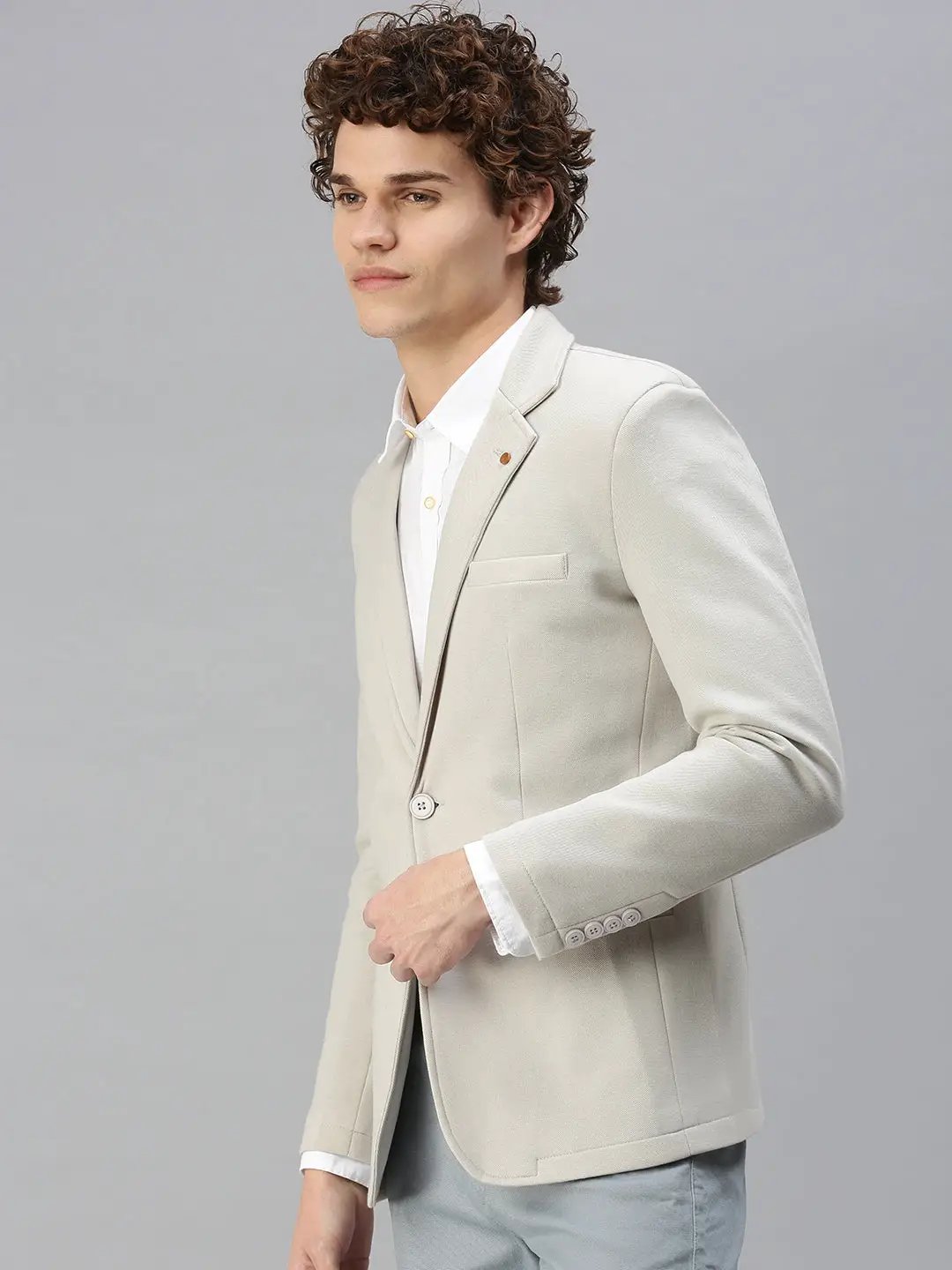 Men's Grey Solid Single-Breasted Slim-Fit Blazer
