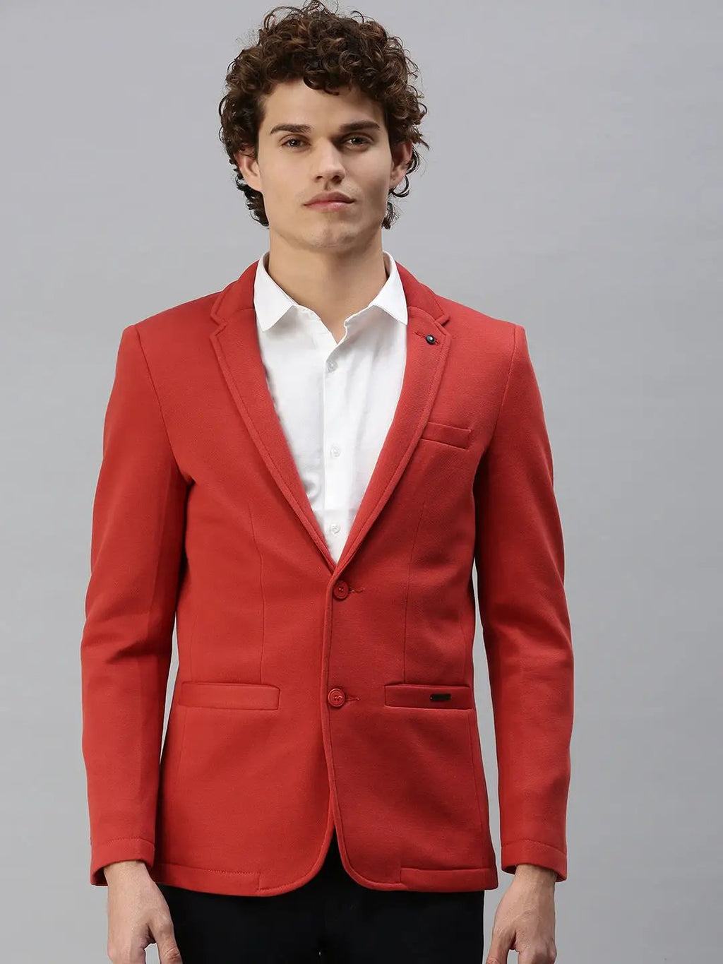 Men's Rust Solid Single-Breasted Slim-Fit Blazer