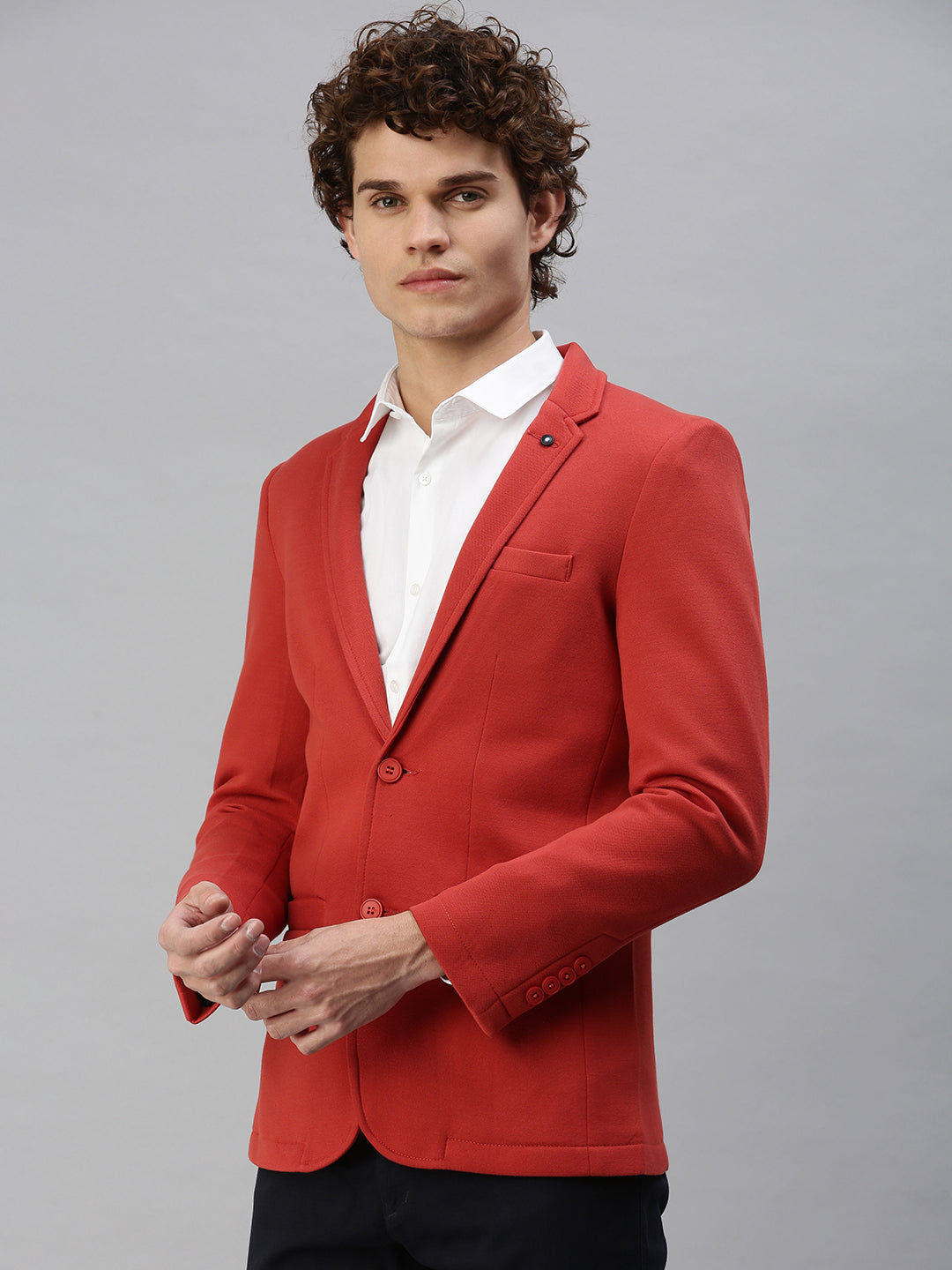 Men's Rust Solid Single-Breasted Slim-Fit Blazer