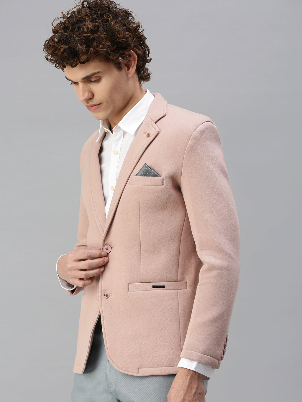 Men's Pink Solid Notched Lapel Single-Breasted Slim-Fit Blazer