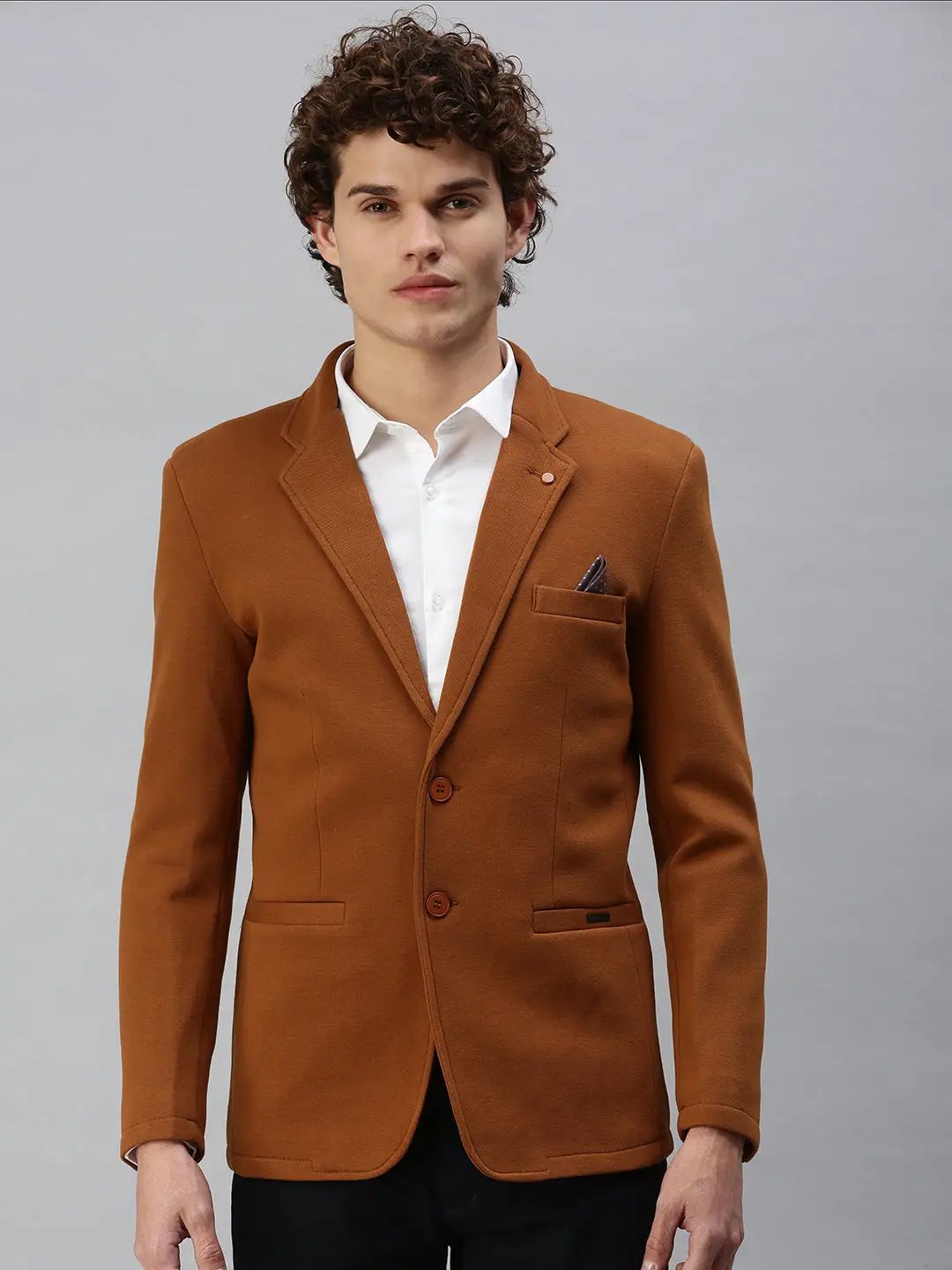 Men's Brown Solid Single-Breasted Slim-Fit Blazer