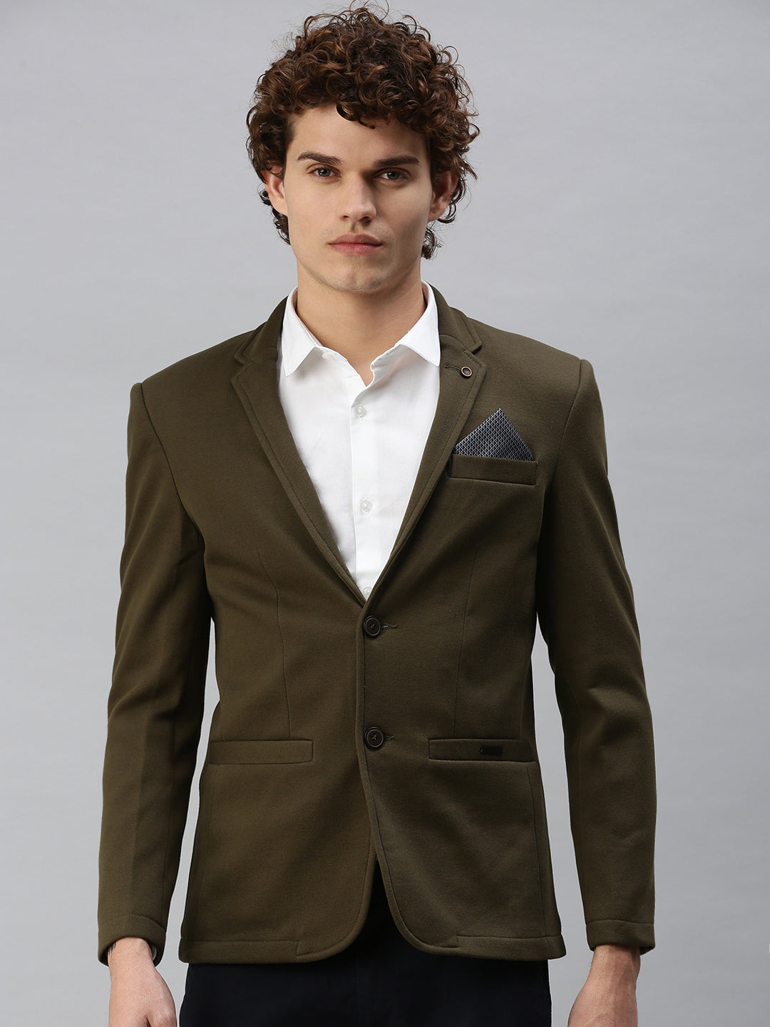 Men's Olive Solid Single-Breasted Slim-Fit Blazer