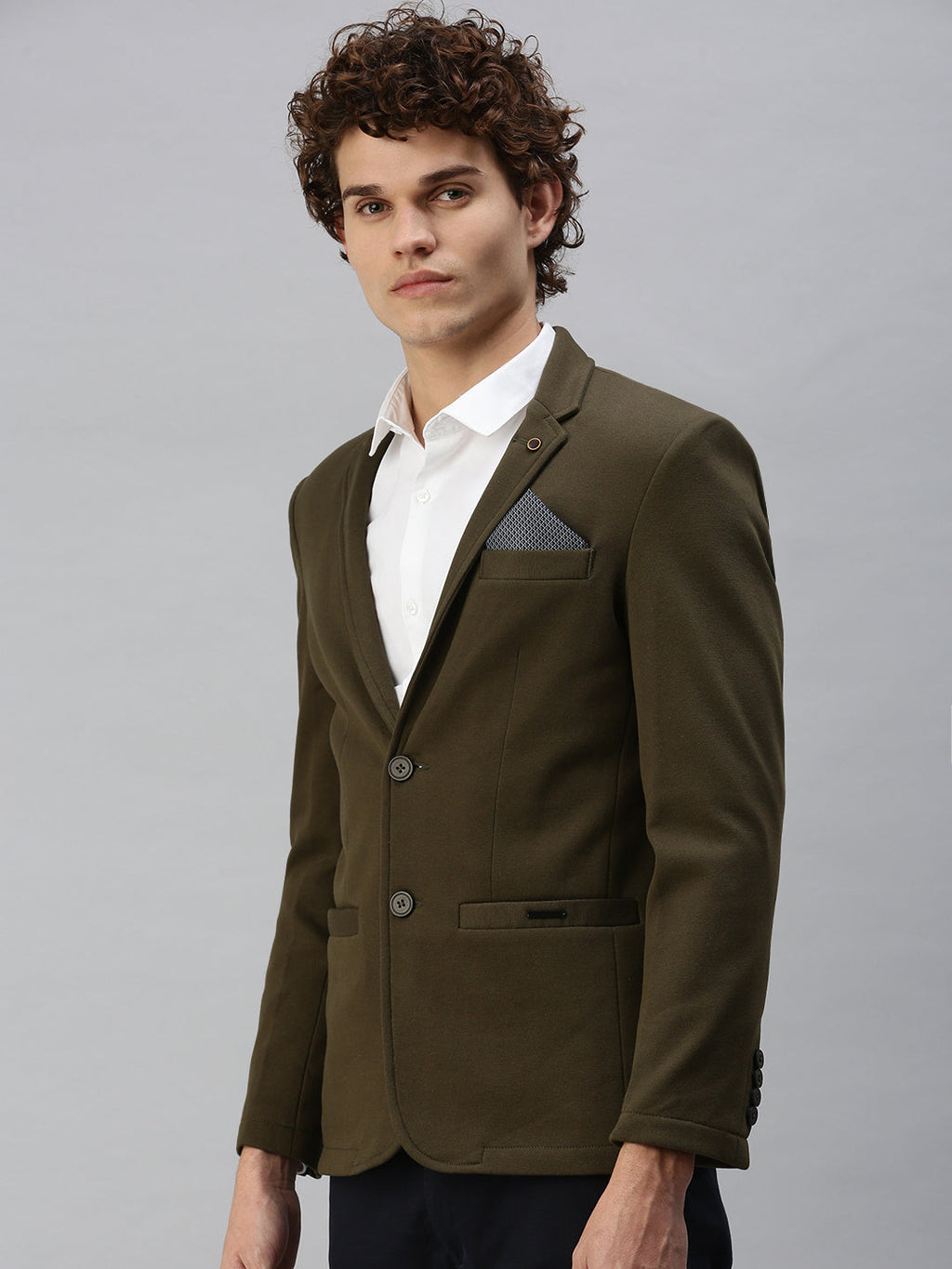 Men's Olive Solid Single-Breasted Slim-Fit Blazer